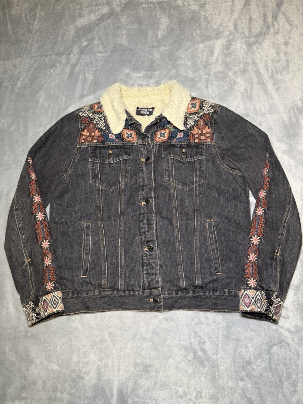 Vintage Johnny Was Workshop Aztec Denim Jacket Women’s Small Sherpa Lined Exc
